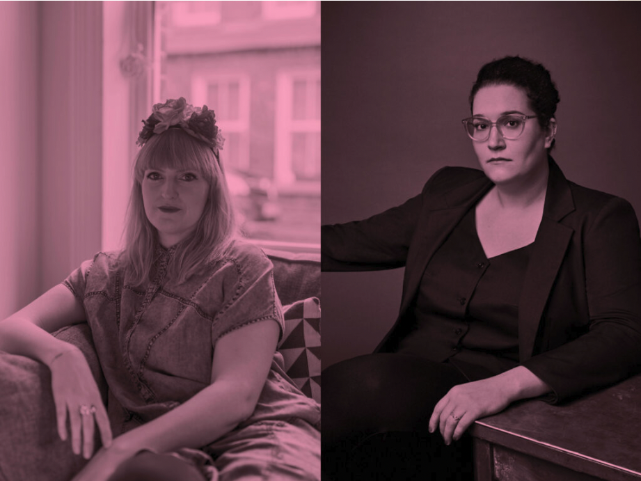 Left is Sophie White, seated by a window, smiling wearing a flower crown. Right is Carmen Maria Machado, seated and staring down the camera