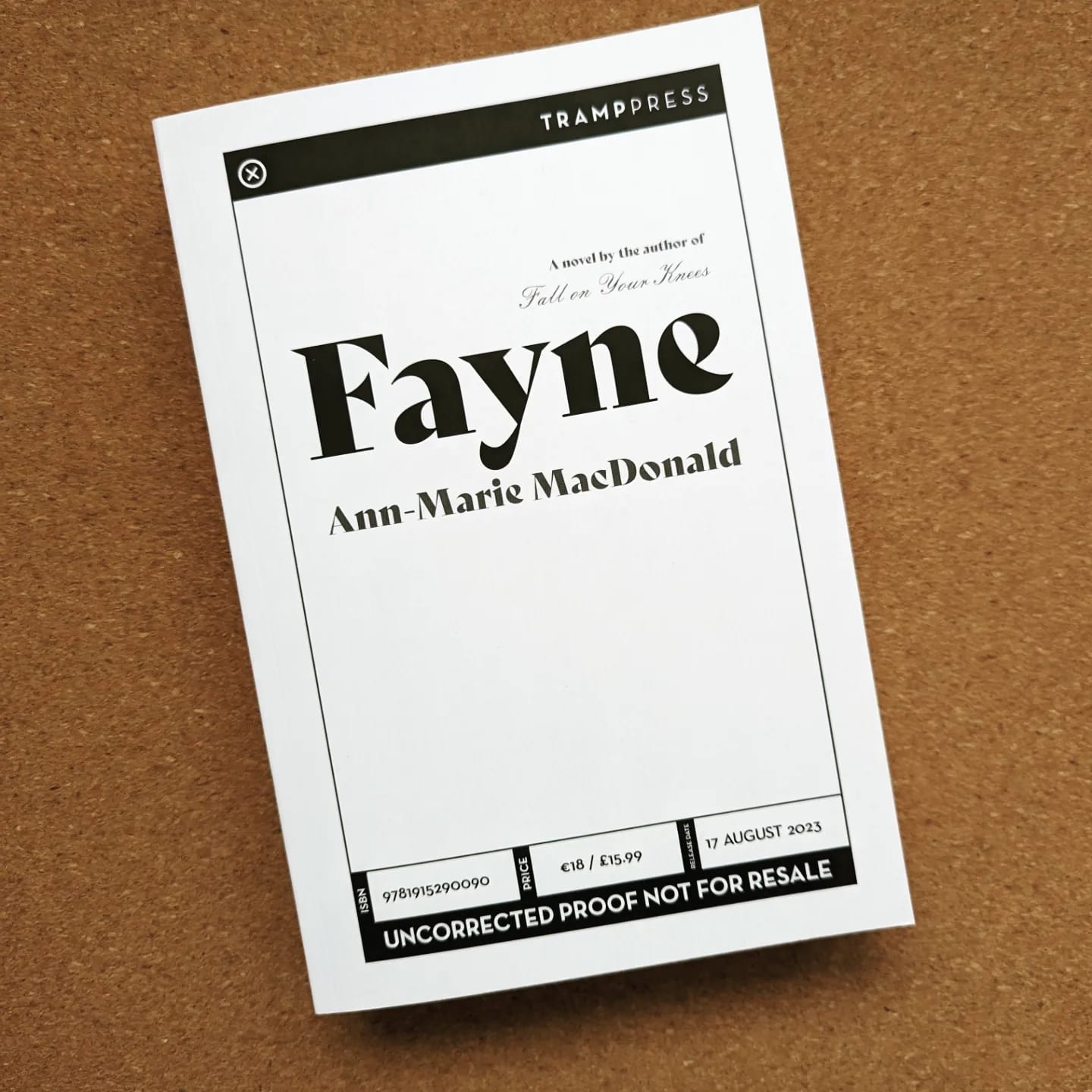 A pic of the galley proof of Fayne by Ann-Marie MacDonald